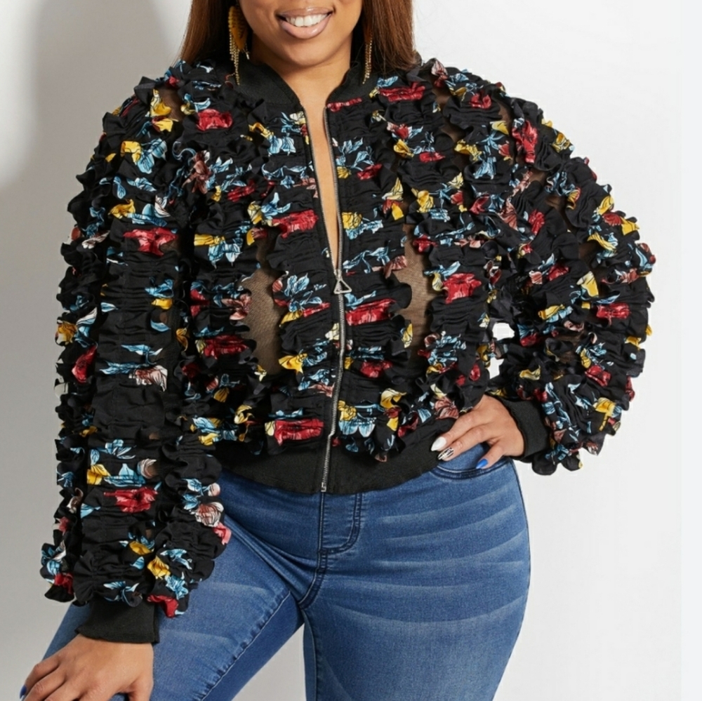 Ashley Stewart Floral Ruffle & Mesh Bomber Jacket